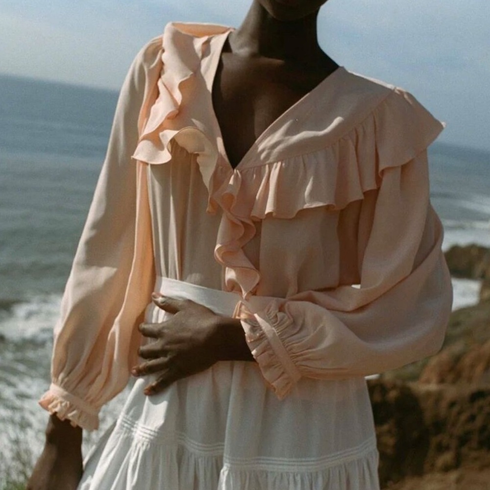 Doen Sula Top Silk Ruffle Blouse Sunlit Coral Boho Romantic Medium